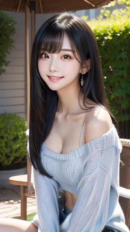 1 girl、((  virgin killer sweater ))、blue sky、bright and very beautiful face、young,  shiny white skin、great looks、black hair that...