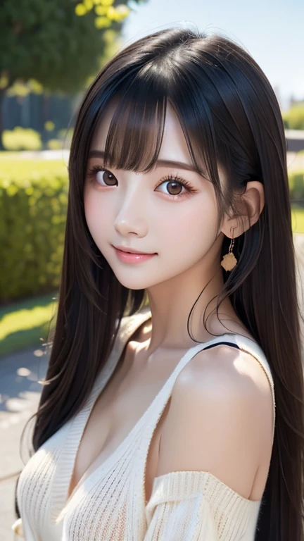 1 girl、((  virgin killer sweater ))、blue sky、bright and very beautiful face、young,  shiny white skin、great looks、black hair that...