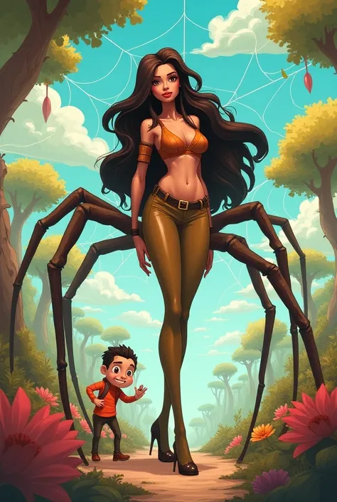 a cartoon scene where the giant female human tarantula stands confidently in her web, exuding a playful yet alluring vibe. She has long, flowing hair that mimics a tarantulas legs, and her outfit is stylish, perhaps a form-fitting top with earthy tones tha...