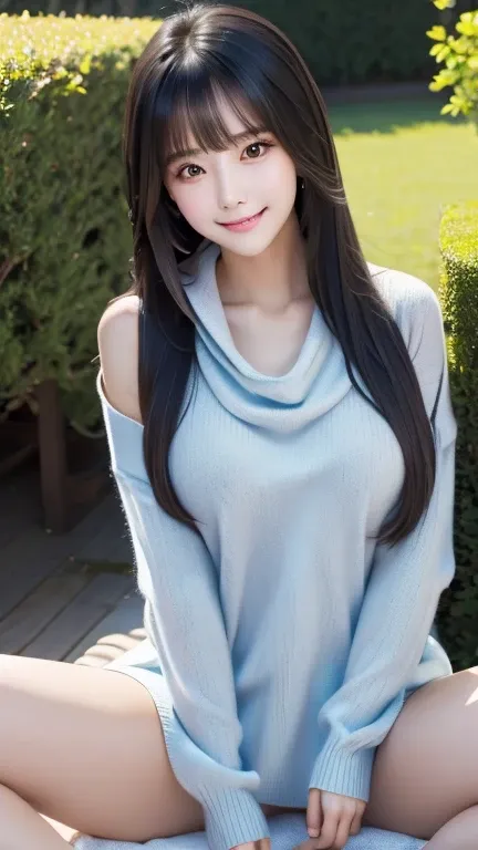 1 girl、((  virgin killer sweater ))、blue sky、bright and very beautiful face、young,  shiny white skin、great looks、black hair that...