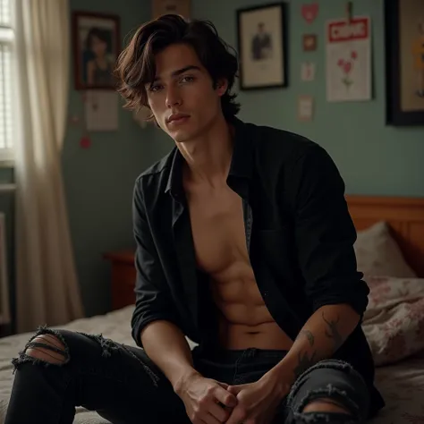  A young boy in his 20s with a nice look 
Cold and seductive. dark brown semi-long hair olive eyes .  He is dressed in an unbuttoned black dress shirt and black cargo jeans. In a juvenile room environment .  Sitting on the edge of the bed Toned body 