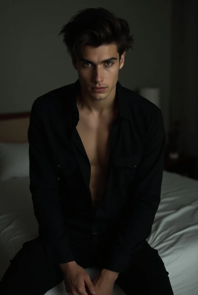  A young boy in his 20s with a nice look 
Cold and seductive. dark brown semi-long hair olive eyes .  He is dressed in an unbuttoned black dress shirt and black cargo jeans. In a juvenile room environment . Sitting on the edge of the bed Toned body 