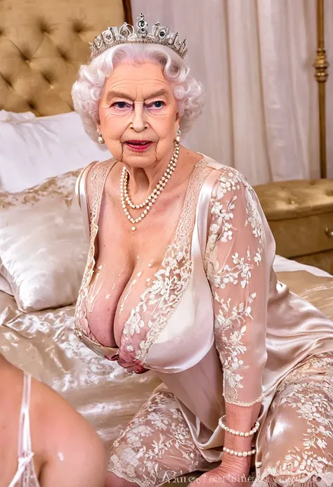 ((gorgeous queen elizabeth 80yo:1.3), (huge saggy breast:1.5), (look at viewer:1.4), (profile side:1.4), kneeling on a bed, (sensual expression:1.4), (grabbing breast:1.4), (covered in cum on face:1.4), (((silk beige nightgown see through a lace bra))), li...