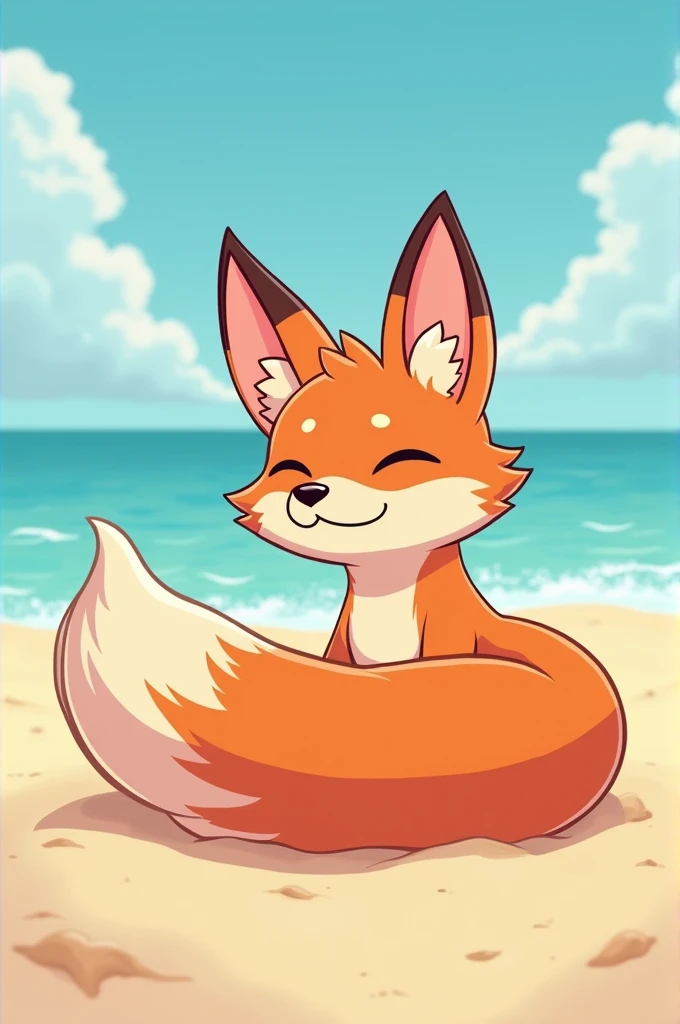 Female cartoonic anthropomorphic fox on the beach laying on the sand without any clothes