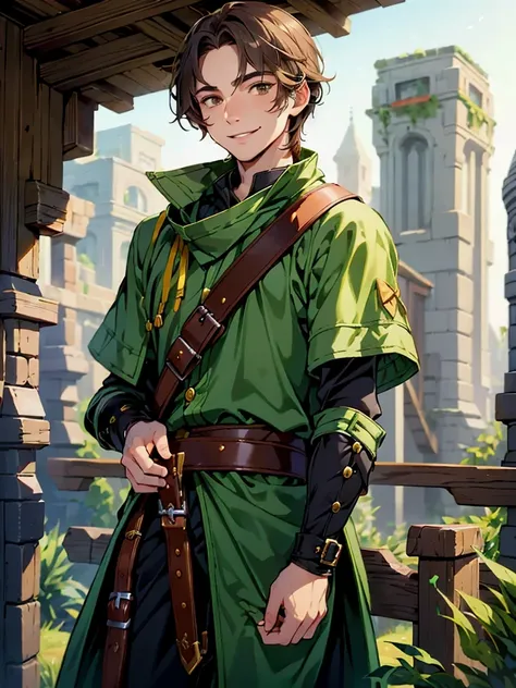 A 20-year-old young man with dark brown hair, always wearing a cheerful smile. He is dressed in green adventurers clothing, perfect for exploration or combat. He holds a bow casually in his hand, ready for action. His relaxed and friendly demeanor contrast...