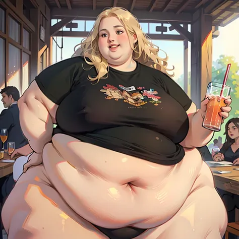 (Realistic:1.2), beautiful young woman, USSBBW, (morbidly obese,fatblob:1.4), college girl, enthusiastic, open smile, realistic face, crowded , holding alcoholic drink, gigantic belly, long wavy blonde hair, huge lips