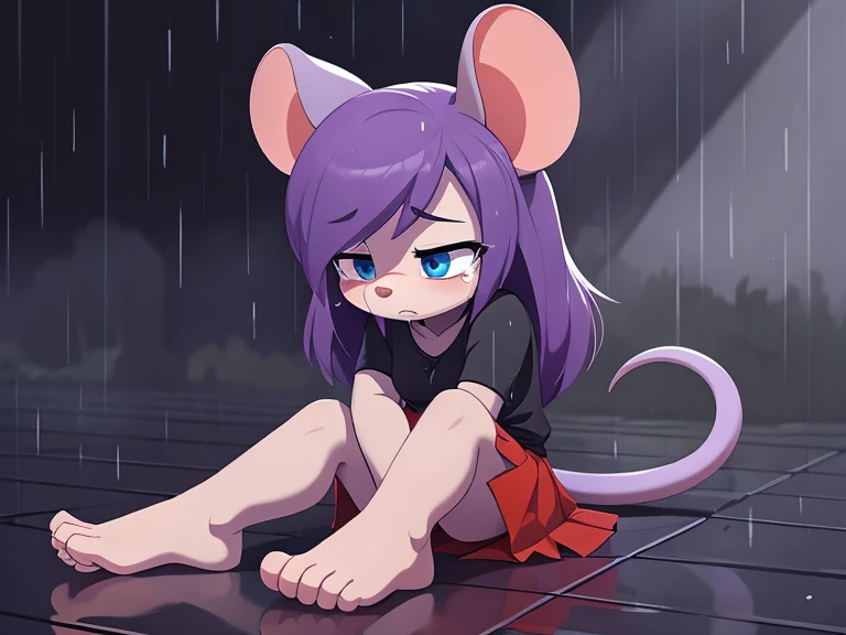 Girl, gray mouse, long shiny purple hair, blue eyes, big ears, small tail, crying, sad eye, sad mouth, uniform, torn black shirt, torn red skirt, bare feet, sitting on the ground, rain background, high quality, a masterpiece of art. 