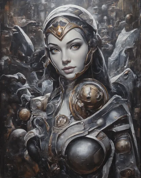 cyberpunk clockwork automaton of wonder woman, porcelain face, porcelain skin, clockwork gear mechanism, realistic oil on canvas...