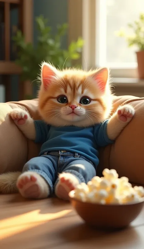 realistic photo, 8k, in the living room a light brown fur kitten, soft fur, wearing a blue t-shirt and jeans relaxing on the sofa watching television, table, popcorn, sunlight, happy smiling expression