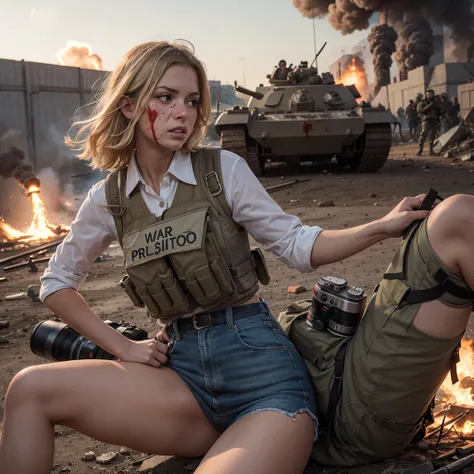 Blonde woman, War photographer with a camera ,  blood on her lederhosen and on her face ,  war scene around her with explosions and whistling bullets,  a bulletproof vest with the inscription PRESS on it . spread legs 