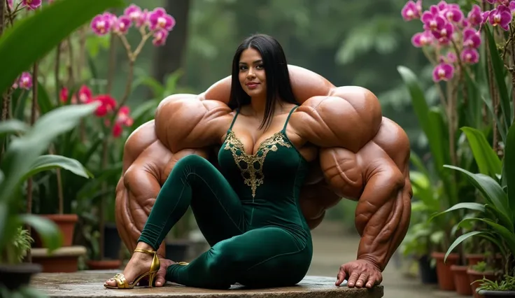 beautiful mature woman,  with colossal arms and legs packed with massive, bulging muscles, her biceps and thighs far exceeding those of even male bodybuilders. Her entire physique is incredibly defined, every muscle group sharply visible and straining agai...