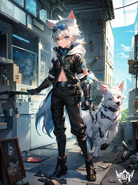 game cg， 8k quality ，((only one boy))，childhood ， anime male protagonist ，wolf ears，tail，handsome face ，goggles on head， silver ...