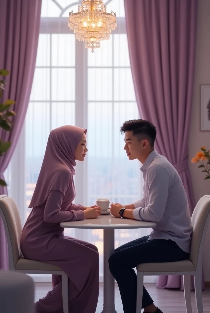 romantic cuple ,  beautiful young muslim woman in neat hijab and young handsome man neat short hair Undercut 20years old Thai. is sitting and there is a piece of coffee on the table , Facing the front of the room with modern and elegant interior design.mat...