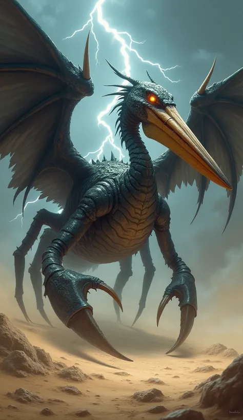 Create an image of a terrifying hybrid creature that combines the lethal features of a scorpion with the powerful form of a pelican. The creature should have the scorpions armored body and sharp pincers, with a long, segmented tail ending in a venomous sti...