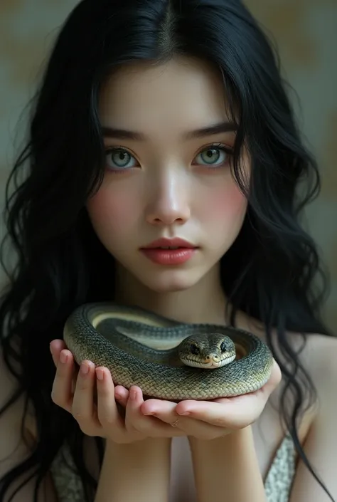 young woman, light skin, long black hair,  heterochromatic blue and honey eyes . She held a snake , Your eyes are so similar to the animal.