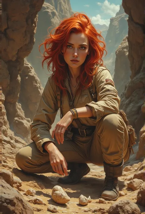 a gorgeous red head female [gal gadot:maude adams:0.5] paleontologist wears a complete explorer outfit and (her new found excava...