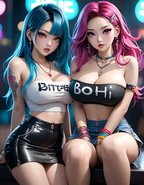  Masterpiece,Best Quality, beautiful eyes, cinematic lens effect, highly dramatic picture, ultra detailed, depth of field,((Busty Bitches)), 2girls, ecchi girl, tube top, miniskirt , bracelets, tattoo of Korean characters, colourful jewellery, sexy photosh...