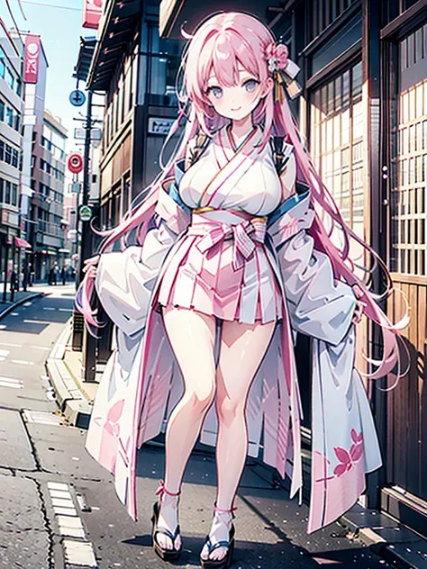 pink kimono 　 pink hair straight long　busty　 plump thighs 　oversized breasts　sandals　kyoto downtown　miniskirt hakama　 very long ...