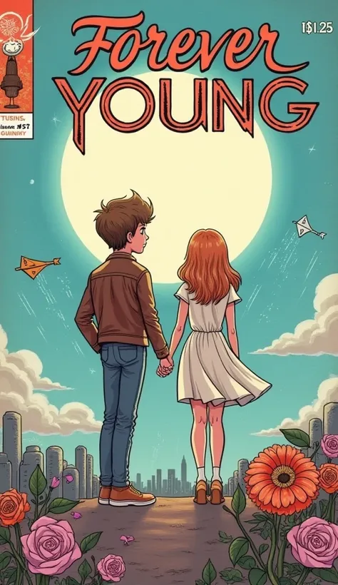 Design a vintage 1970s/80s comic book cover with soft pastel colors like pale blue, lavender, and pink, evoking nostalgia. The bold title FOREVER YOUNG should be at the top in a flowing, retro font, with ISSUE #5 and $1.25 in the upper corners. The backgro...