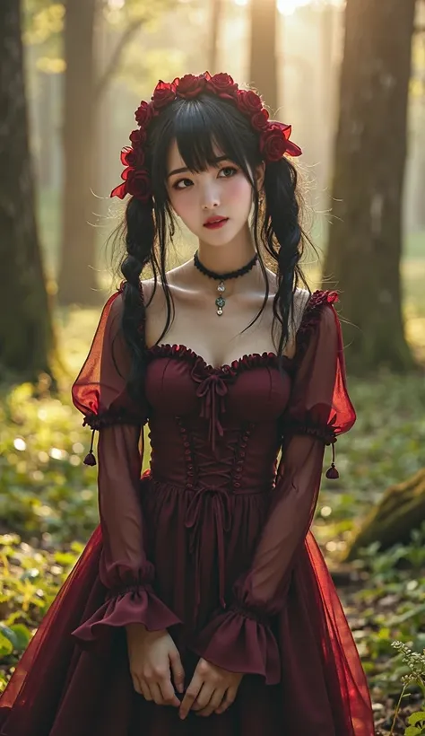 Realistic， ultra-fine，Best Quality， best quality ，8k，RAW Photos，Super detailed，  super high definition ，( Surprisingly Cute Japanese Real Girl)，whole body，1 person，Positive，Early morning in the forest，Bright sunlight pours in，Backlight，(gothic lolita:1.3),...