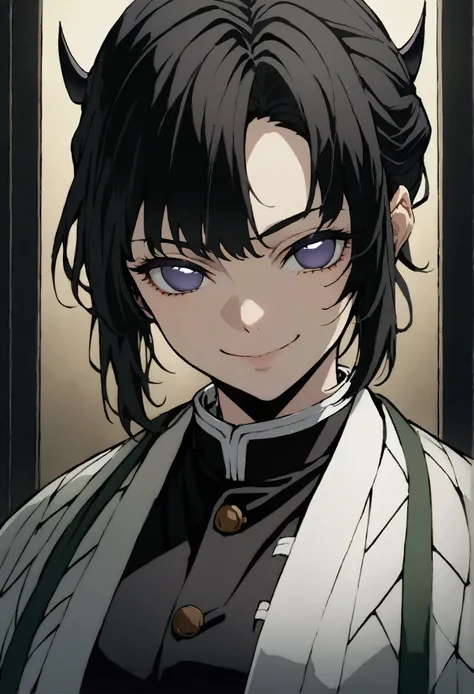  Best quality, masterpiece, intricate detail, hips, shinobuDB, demon slayer uniform, Haori, japanese clothes, jacket,  long sleeves , belt, black jacket, uniform, trousers, belt buckle, buckle, portrait,  dispassionate facial expression, sit, smile, inform...