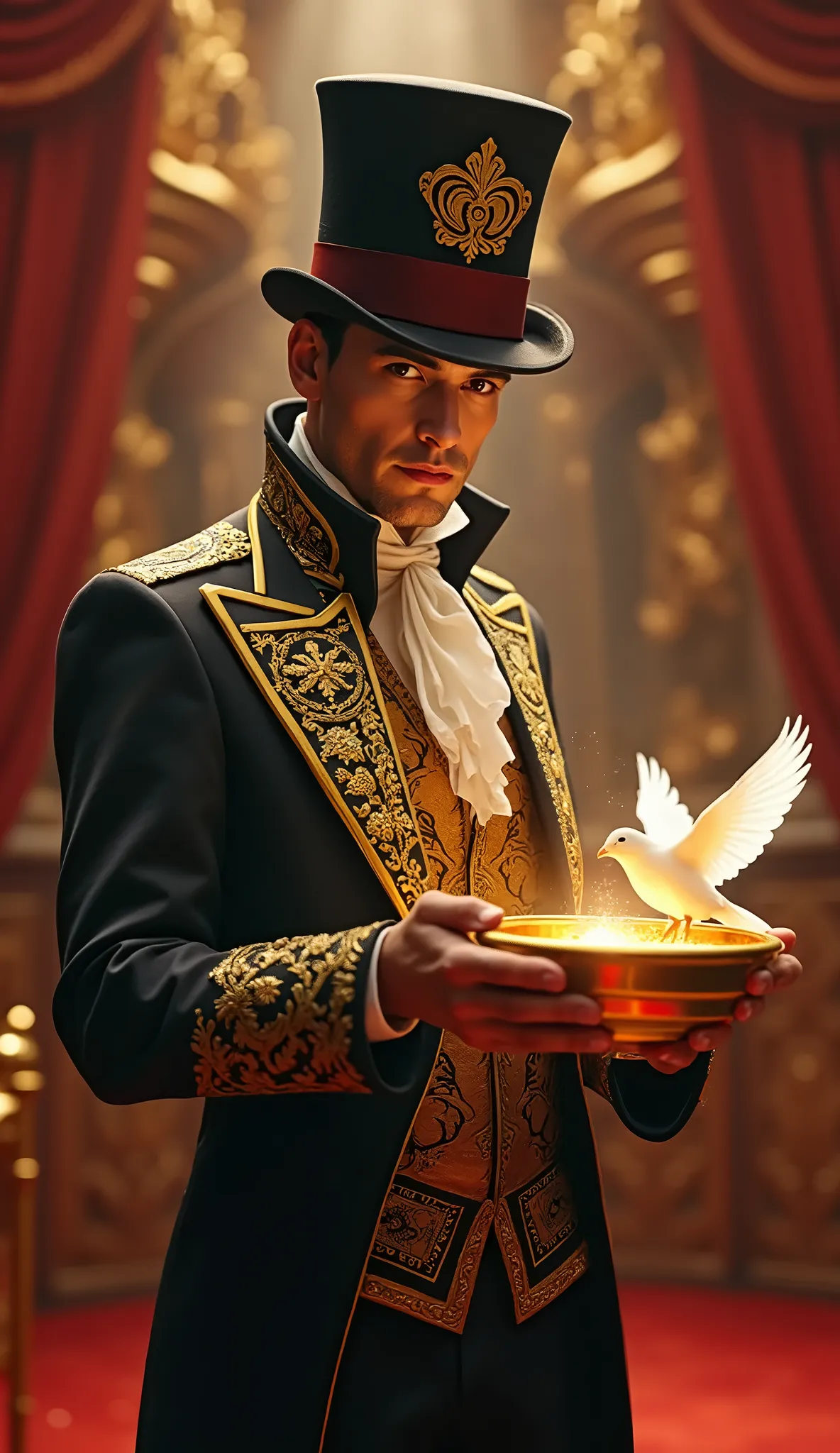  realistic illustration fabulous modern circus magician :1.5 with his galley , Taking Paloma out of the galley , Beautiful interior scenery of the circus in the background, beautiful tender and fun image , Minimalism, UHD, Retina, masterpiece, Accurate, anatomically correct, textured skin, Super detail, high details,  high quality ,  award winning , best quality, highres, 1080P, HD, 16K, HashbinPnyXL