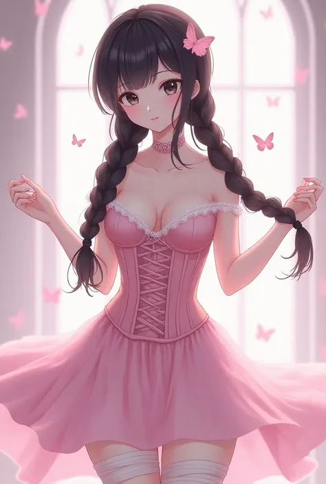 Female anime character with pale skin and two long black braids, black eyes and a pink corset , half-open pink skirt and white bandages on the legs and pink butterflies around