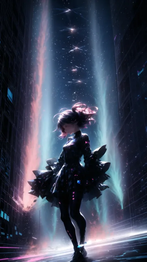 Sci-Fi style Vivid Bioluminescent Colours, Explosive, abstract anime scene, Atmospheric, Cyberpunk Pink-chan, a very radical and intense situation of a beautiful Dark-Haired Lady Doing Everyday Things, The images are dynamic and dynamic angles from below, ...