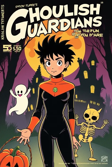 a vintage 1980s manga cover with a halloween night adventures theme. the central character should be a determined young hero wit...