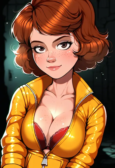 score_9, score_7_up 1girl, solo, april o'neil, cleavage, bra peek, seductive smile, jumpsuit, depth of field, partially unzipped...