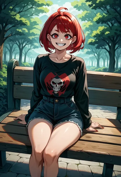 arafed woman with red hair and piercings sitting on a bench, 4k anime style, [[[[grinning evily]]], anime badass 8 k, evil smile...