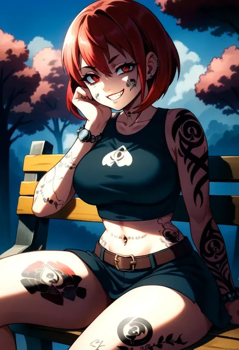 arafed woman with red hair and piercings sitting on a bench, 4k anime style, [[[[grinning evily]]], anime badass 8 k, evil smile...