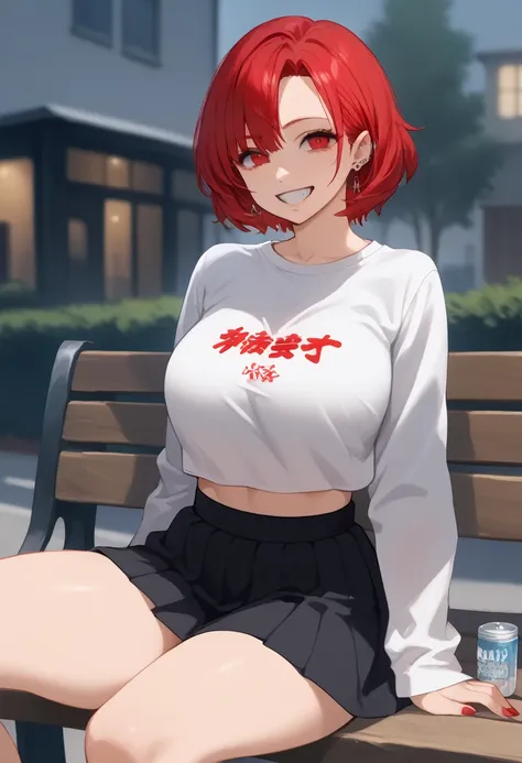 arafed woman with red hair and piercings sitting on a bench, 4k anime style, [[[[grinning evily]]], anime badass 8 k, evil smile...