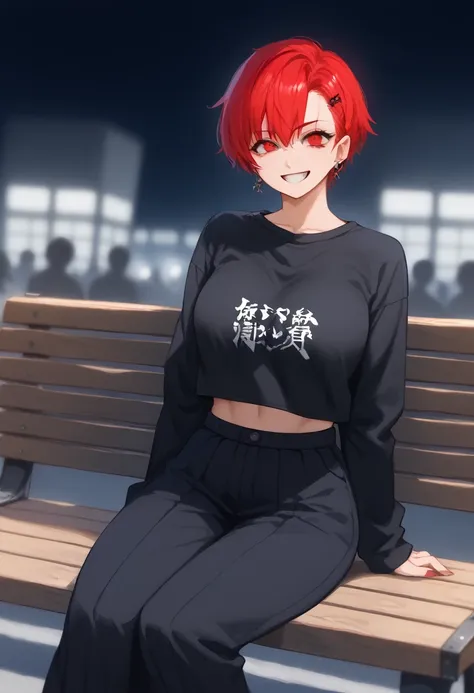 arafed woman with red hair and piercings sitting on a bench, 4k anime style, [[[[grinning evily]]], anime badass 8 k, evil smile...