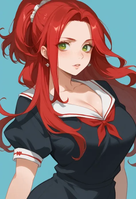 there is a drawing of a woman with red hair and a blue background, a character portrait inspired by Rei Kamoi, deviantart contest winner, digital art, red hair girl, she has red hair, red haired girl, with red hair and green eyes, with red hair, red head, ...