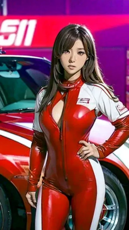 whole body、4k,8k,masterpiece，genuine） japanese female racer wearing a red racing suit、standing in front of a red racing car 。　br...