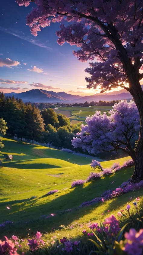 a magical scene. 
 a beautiful meadow with verdant grasses, prehistoric trees .
 in the background a shimmering lilac sunset , o...