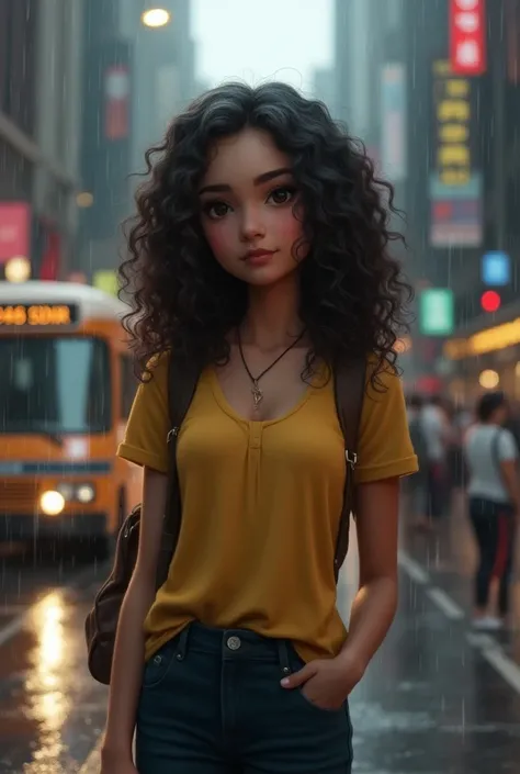 A Latin woman, long hair,  curly hair, I have dark brown hair, short stature, corpo mid-size, basic style,  adolescent appearance, age 25 years, With no apparent beauty , chubby face, on an extremely busy avenue, in the rain, realistic image