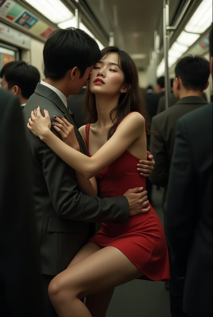 Beautiful Japanese woman, a man hug from the back, she is wearing a very short dress, her eyes is closed and mouth opened, moaning, on a Japanese train 