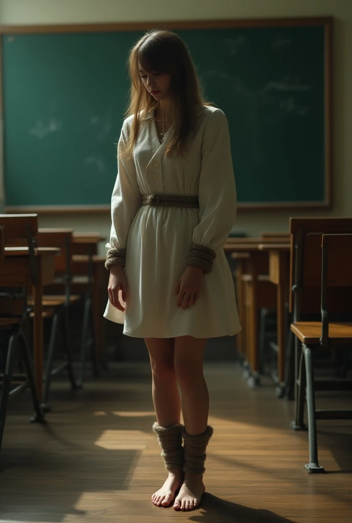  A  teenager in the classroom dressed elegantly but barefoot, tied hands and feet with ropes 