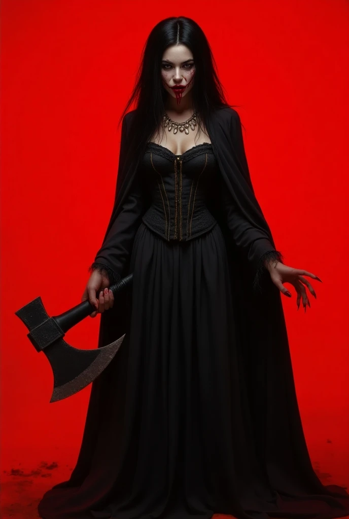  Woman with dark jet black hair ,  white gray eyes without pupil , medium lashes, profiled black eyebrows , button-like upturned nose, pale white skin, red plump lips,  Long plain dress with loose skirt with a black corset with gold lines, black boots, lon...