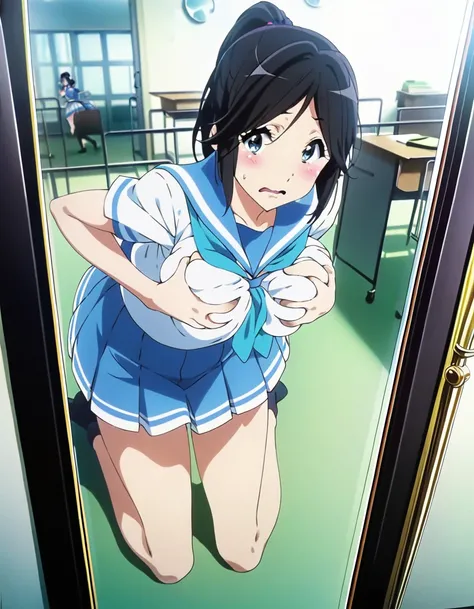 score_9, score_8_up, score_7_up, source_anime, official art, explicit, nsfw, (1girl), kasaki nozomi, Hibike! Euphonium, (Sailor suit), (skirt), ((((full body)))), (((Mirror in front of you)), ((((grabbing own breasts by hands)))), (((wariza))), (front view...