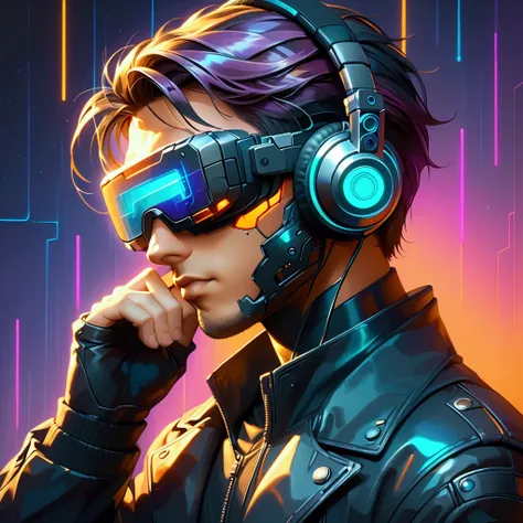 close-up, semi-lateral view, perfect head and face, a man from the future with synthwave style, (male), cyber punk style, ((he w...