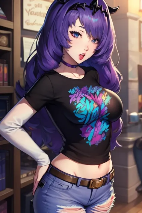 defcamilla, tiara, purple hair, 1girl, solo, standing, black t-shirt, white shirt, blue jeans, belt, lipstick, large breasts