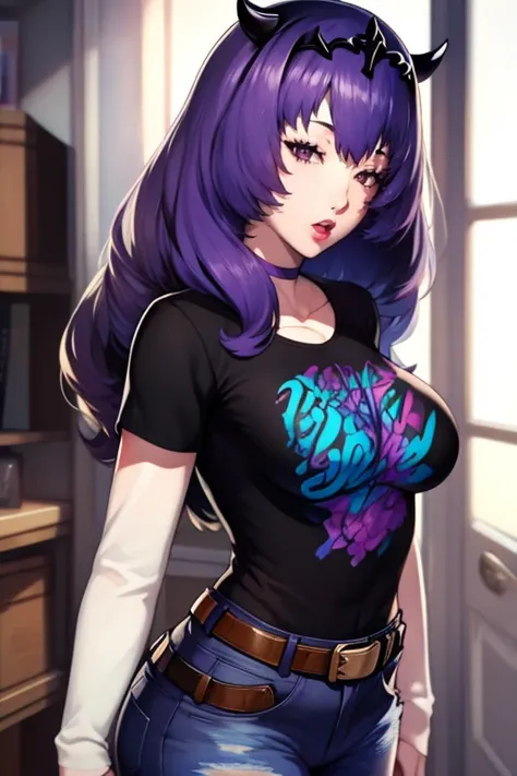 defcamilla, tiara, purple hair, 1girl, solo, standing, black t-shirt, white shirt, blue jeans, belt, lipstick, large breasts