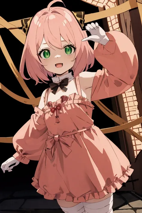 "anya from spy x family , cute young girl with short pink hair, dressed as a mummy for halloween. her bandages are wrapped loose...