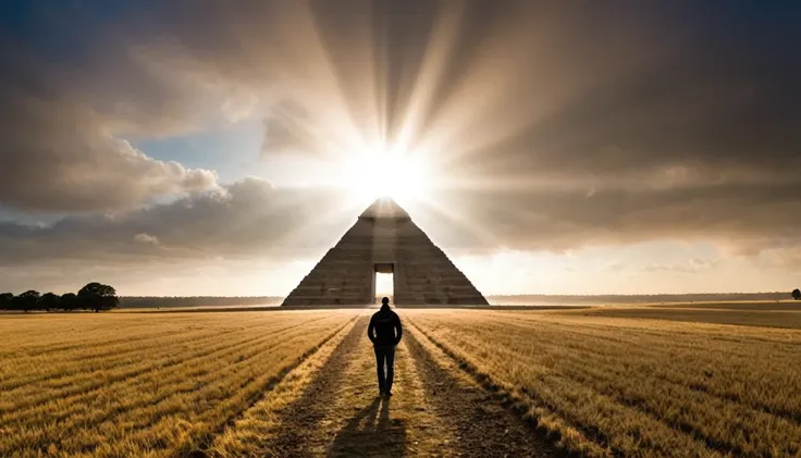 pyramid and qr code in sync with a person

a man walks through a field ,  wearing a pendant with a qr code identical to the one ...