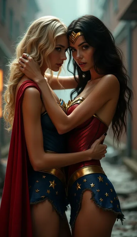 score_9, score_8_up, score_7_up, score_6_up, source_cartoon, adult women, (2women), duo, BREAK adult, A very beautiful blonde Supergirl and a very beautiful brunette Wonder Woman are embracing each other, erotic, nsfw, Looking into the camera, whole body, ...