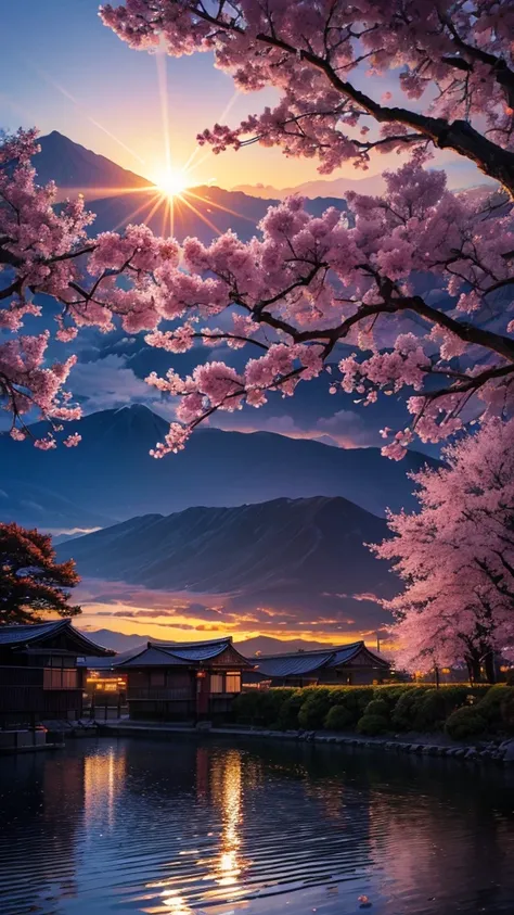 a magical scene. 
sakurajima.
 cherry trees 
a shimmering sunset, obfuscating, color grade
pumpkin and lilac . 
 the sun and its...