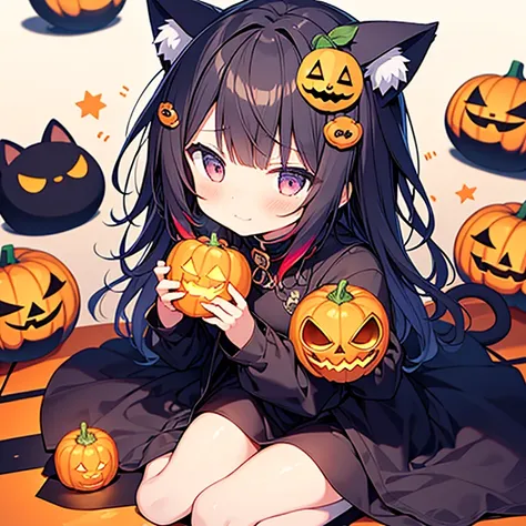 Illustration wallpaper、Chibi character style，Cat ear girl，Halloween、cute cat 、 Jack O Lantern,rainbow、